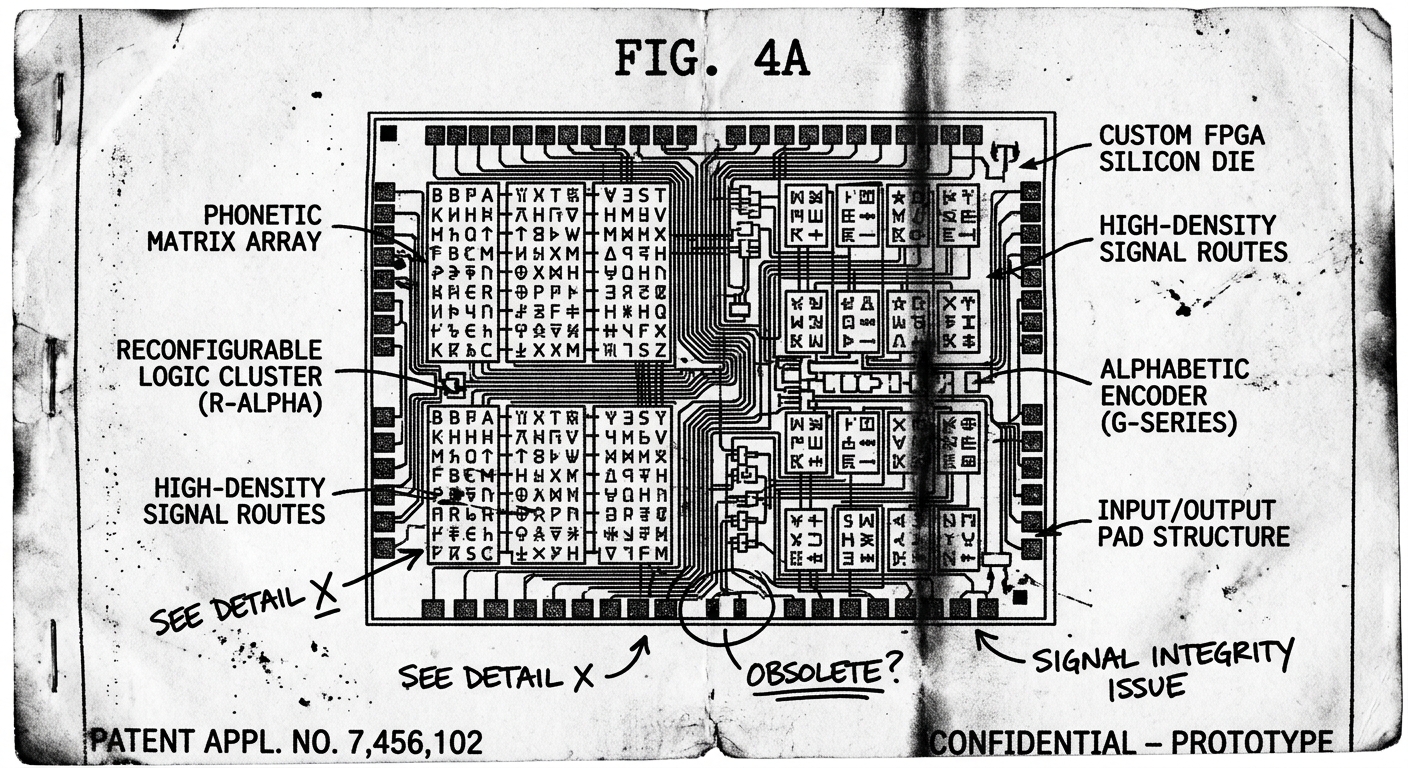 ASIC Die Micrograph with Phoenician Phonetic Instruction Register